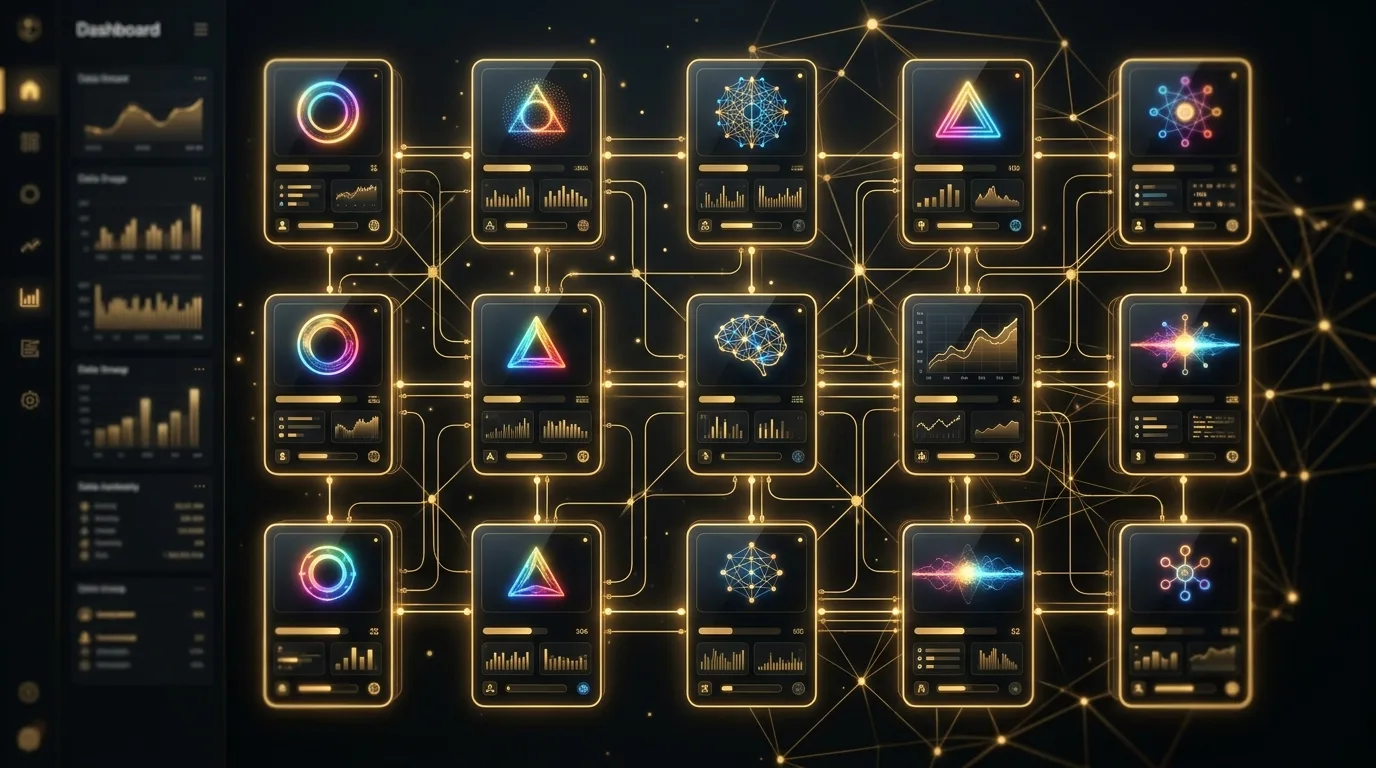 AgentWharf — mriežka prepojených AI agent kariet a creator dashboard v dark + gold rozhraní.