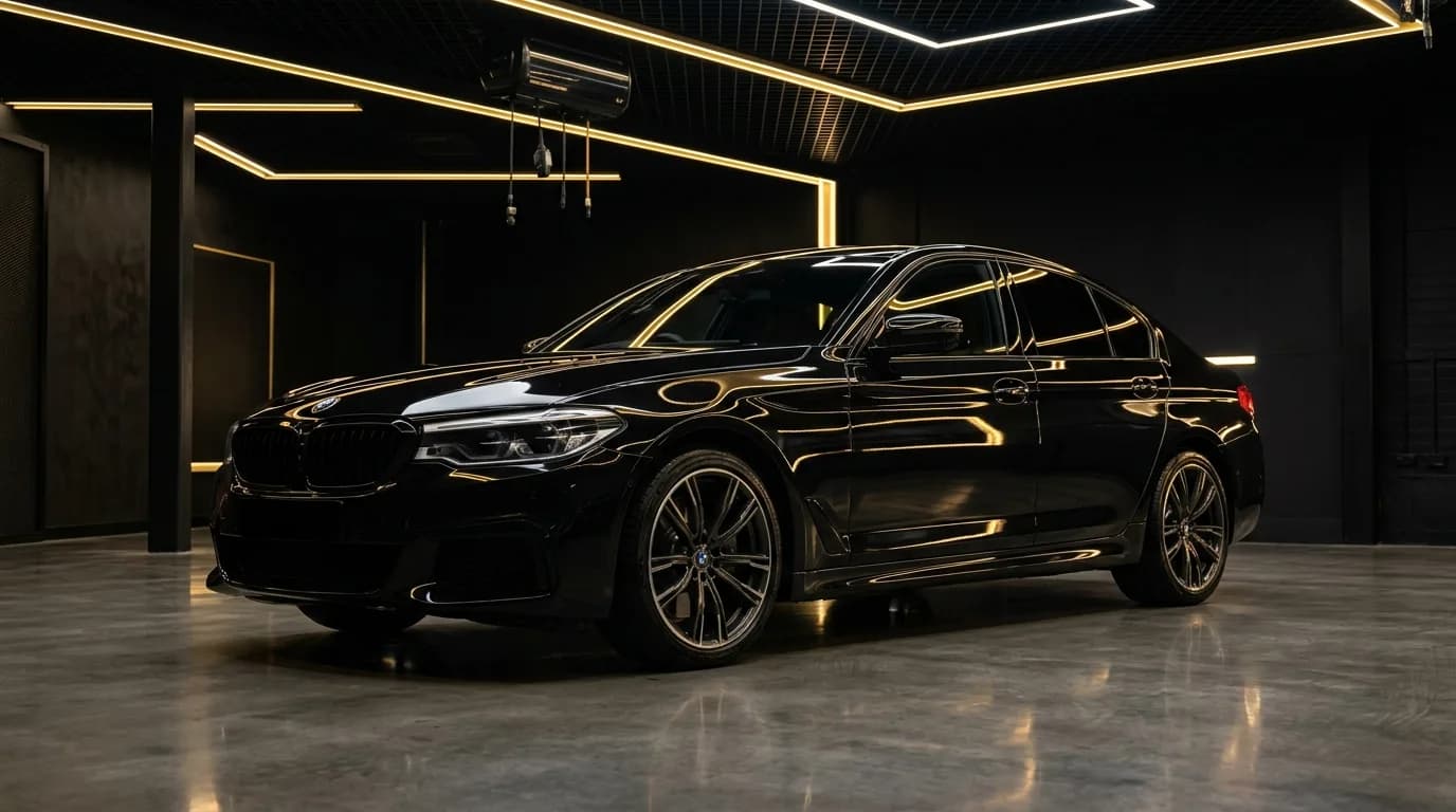 Premium auto v profesionálnom detailing štúdiu s dramatickým osvetlením a zlatými akcentami.