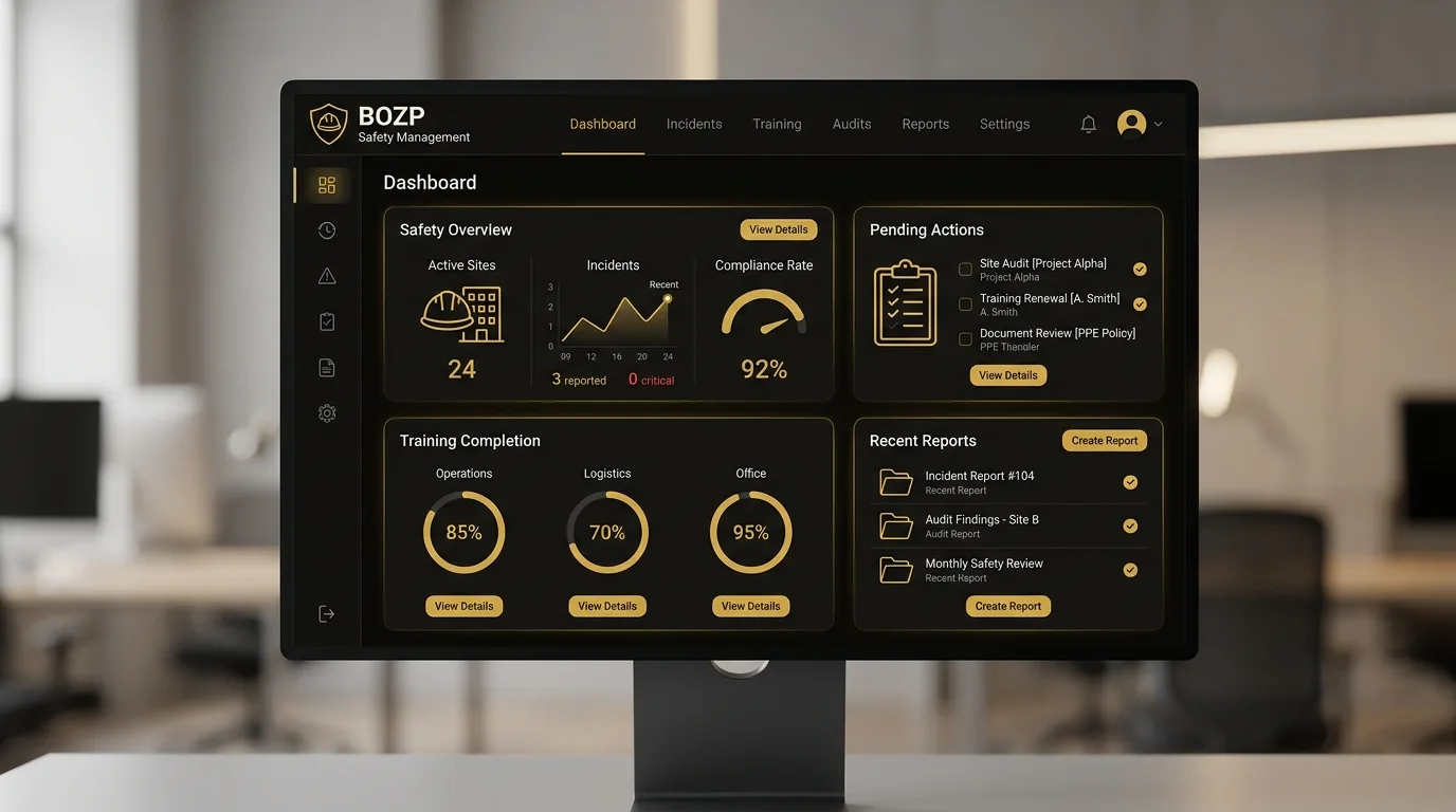BOZP safety management dashboard — interný systém pre veľkú retail sieť.