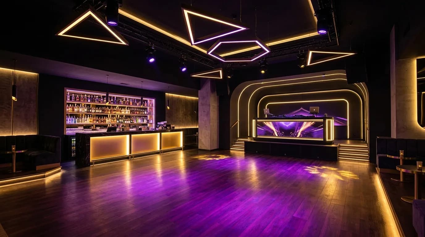 Elegantný interiér nočného klubu Euphoria s ambient zlatým osvetlením a moderným DJ priestorom.