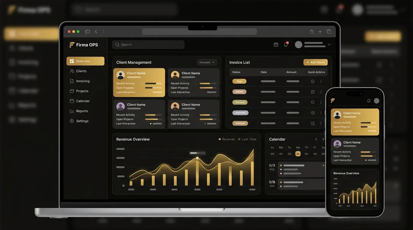 Firma OPS dashboard — CRM, fakturace a reporty v dark + gold rozhraní na notebooku i mobilu.