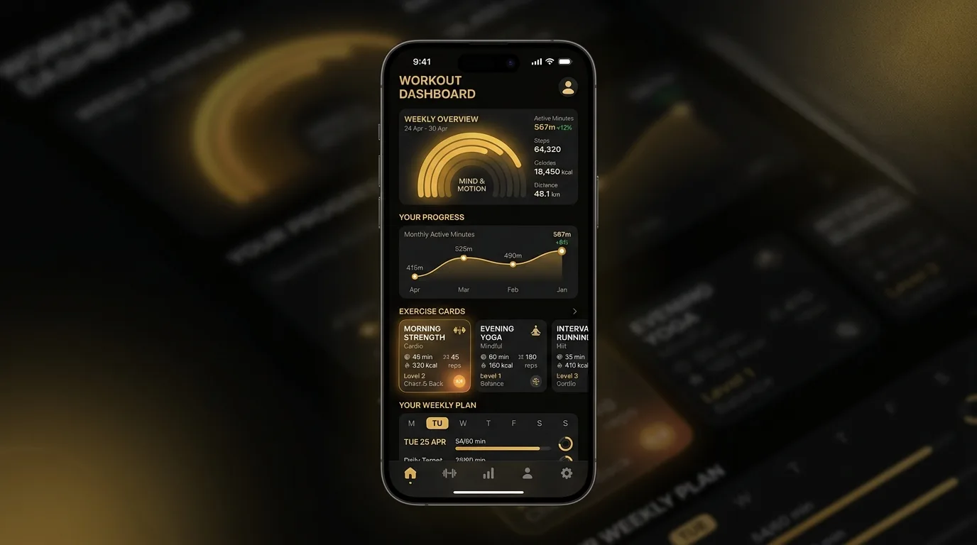 GymApp workout dashboard — týdenní přehled, progres grafy a karty cviků v dark + gold mobile UI.