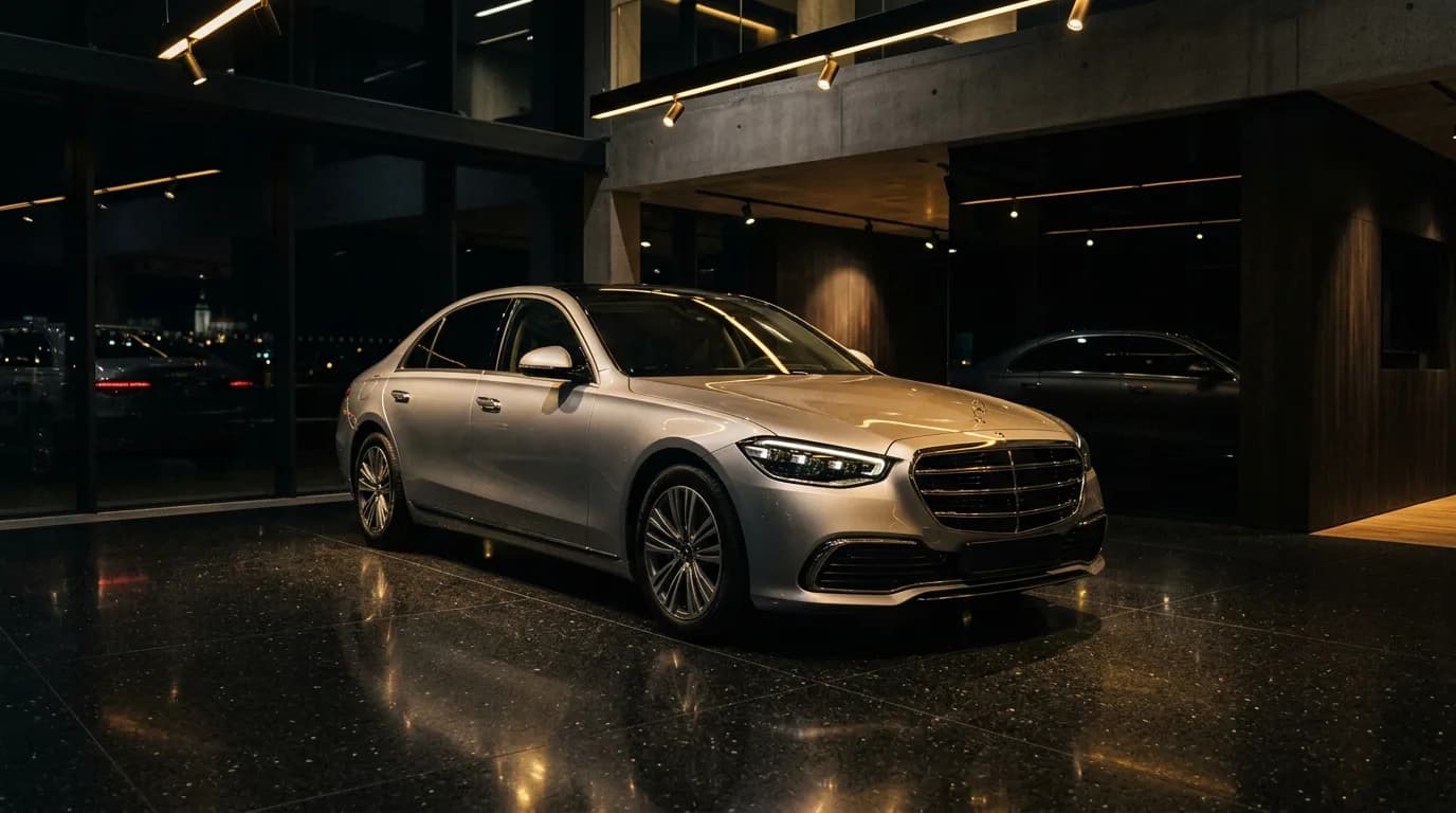 Luxusné auto v showroome — vizualizácia KCars Autobazár prevádzky.