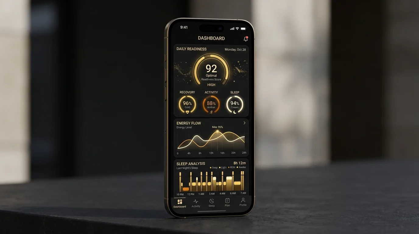 Rise — denní readiness score, recovery/activity/sleep kruhy a energy flow v dark + gold mobile UI.