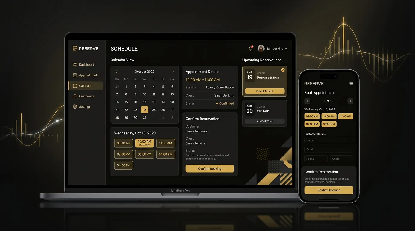 Terminuj.sk — kalendář s volnými sloty, detail rezervace a booking flow na webu i mobilu (dark + gold).