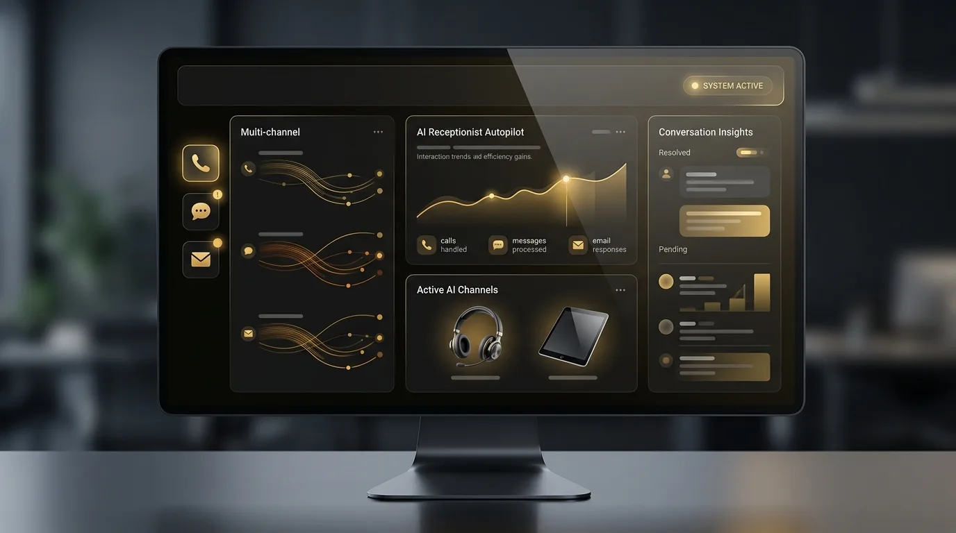 VassFront AI front desk dashboard — multi-channel autopilot (voice + chat + email) pre malé firmy.