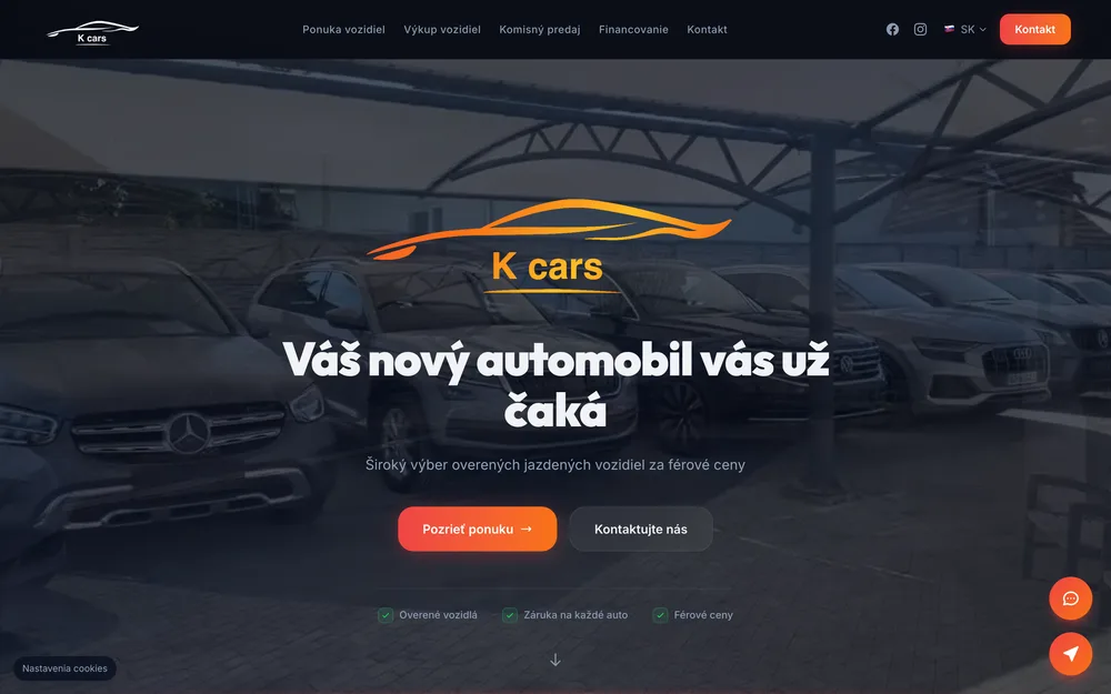 Náhľad webu autobazáru KCars — úvodná stránka s ponukou jazdených vozidiel