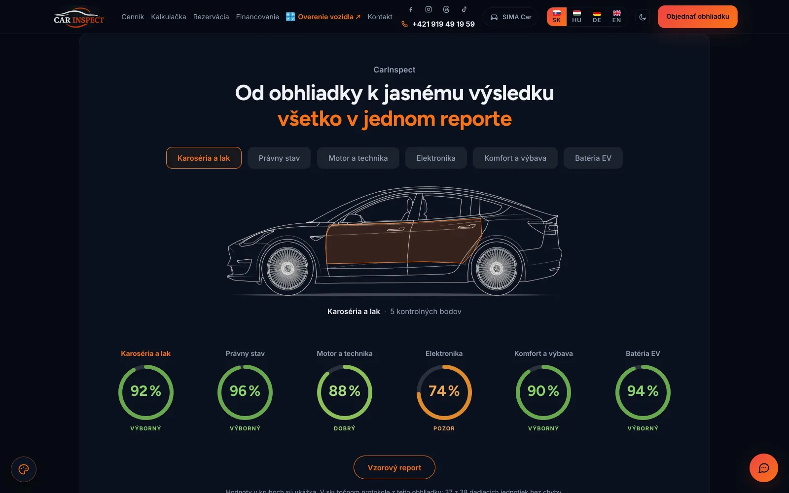 Náhľad webu CarInspect — report z obhliadky auta (pred spustením)