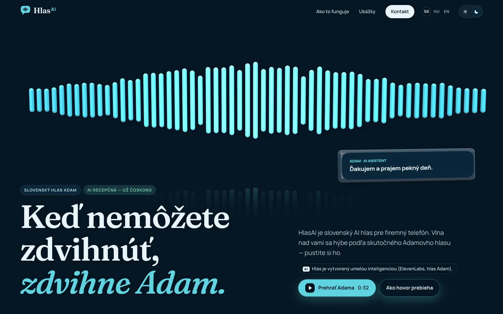 Úvodná stránka hlasai.com — slovenský AI hlas Adam